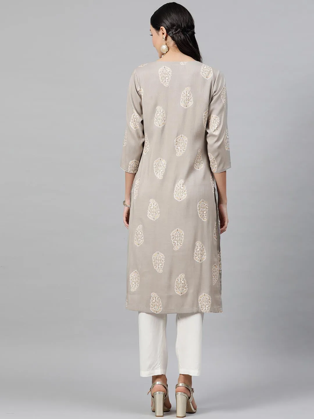 Women Grey White Printed Kurta with Trousers