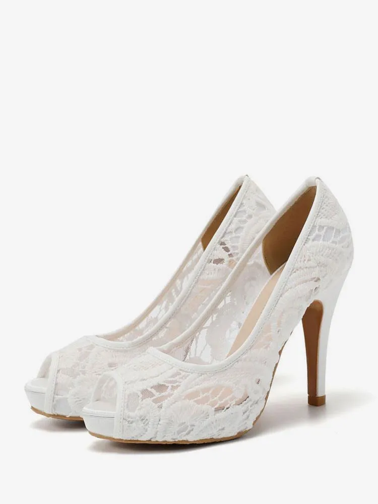 White Lace Peep Toe Platform Heels