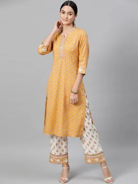 Women Mustard Yellow Cream-Coloured Printed Kurta with Trousers