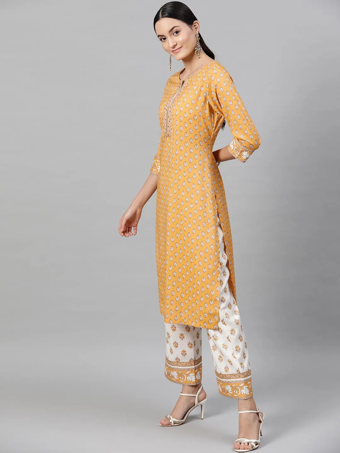 Women Mustard Yellow Cream-Coloured Printed Kurta with Trousers