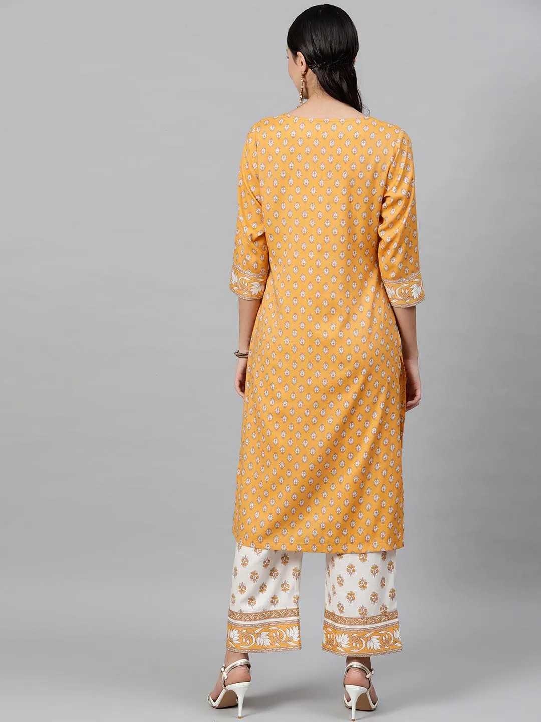 Women Mustard Yellow Cream-Coloured Printed Kurta with Trousers