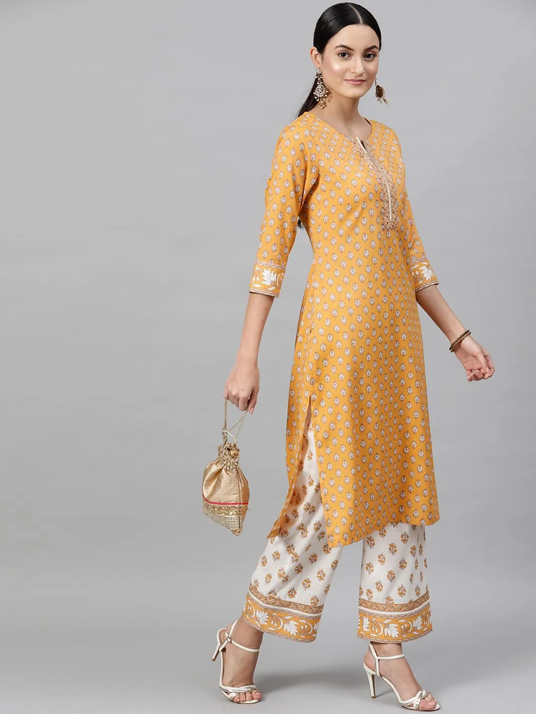 Women Mustard Yellow Cream-Coloured Printed Kurta with Trousers