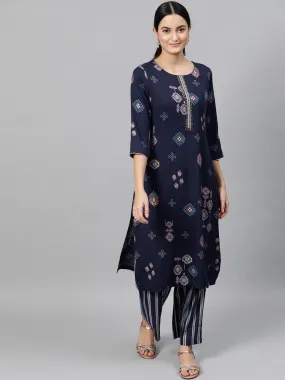 Women Navy Blue Printed Kurta with Trousers