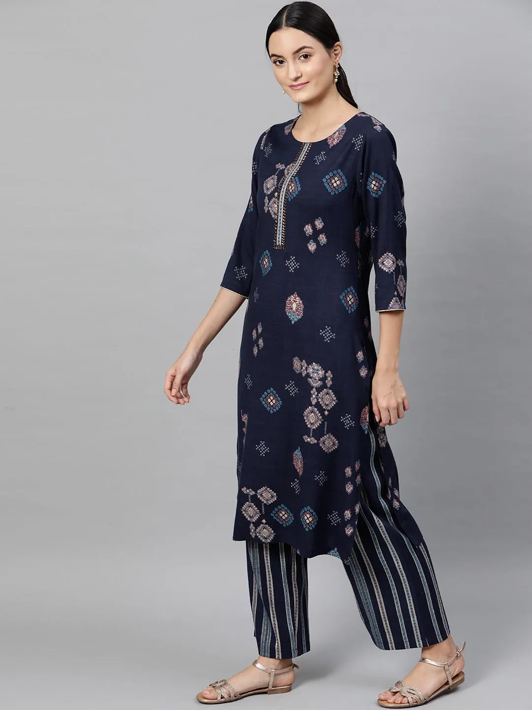 Women Navy Blue Printed Kurta with Trousers