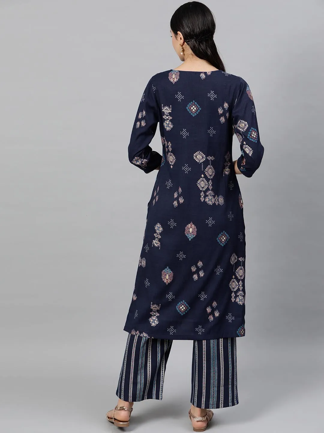 Women Navy Blue Printed Kurta with Trousers