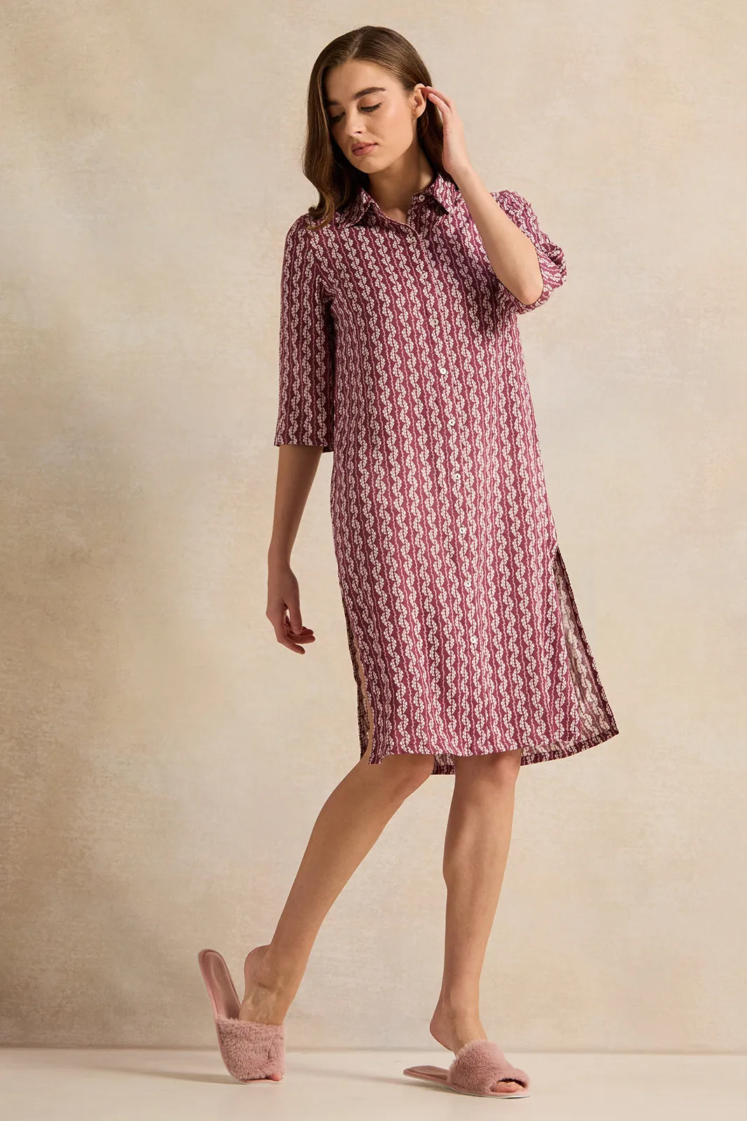 Women Red Printed Nightshirt Dress