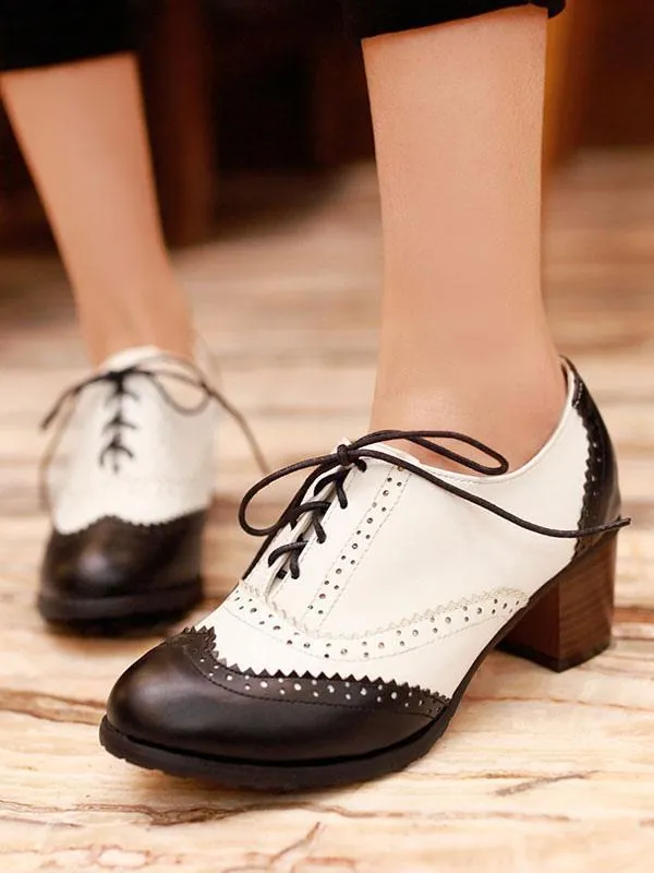 Lace Up Round Toe Block Heel Women's Black Oxfords