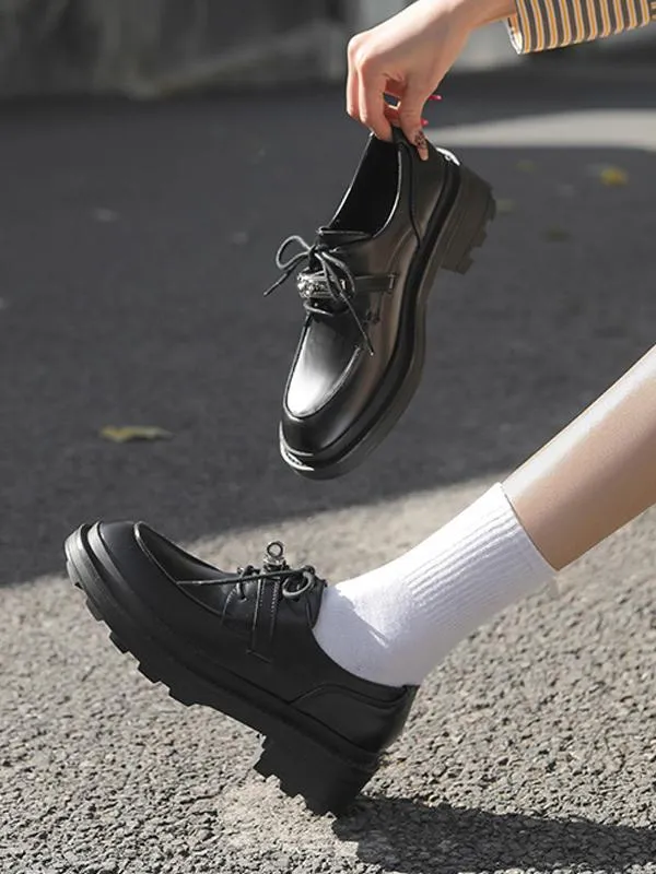 Women's Black Oxfords Round Toe Puppy Heel Lace Up Shoes