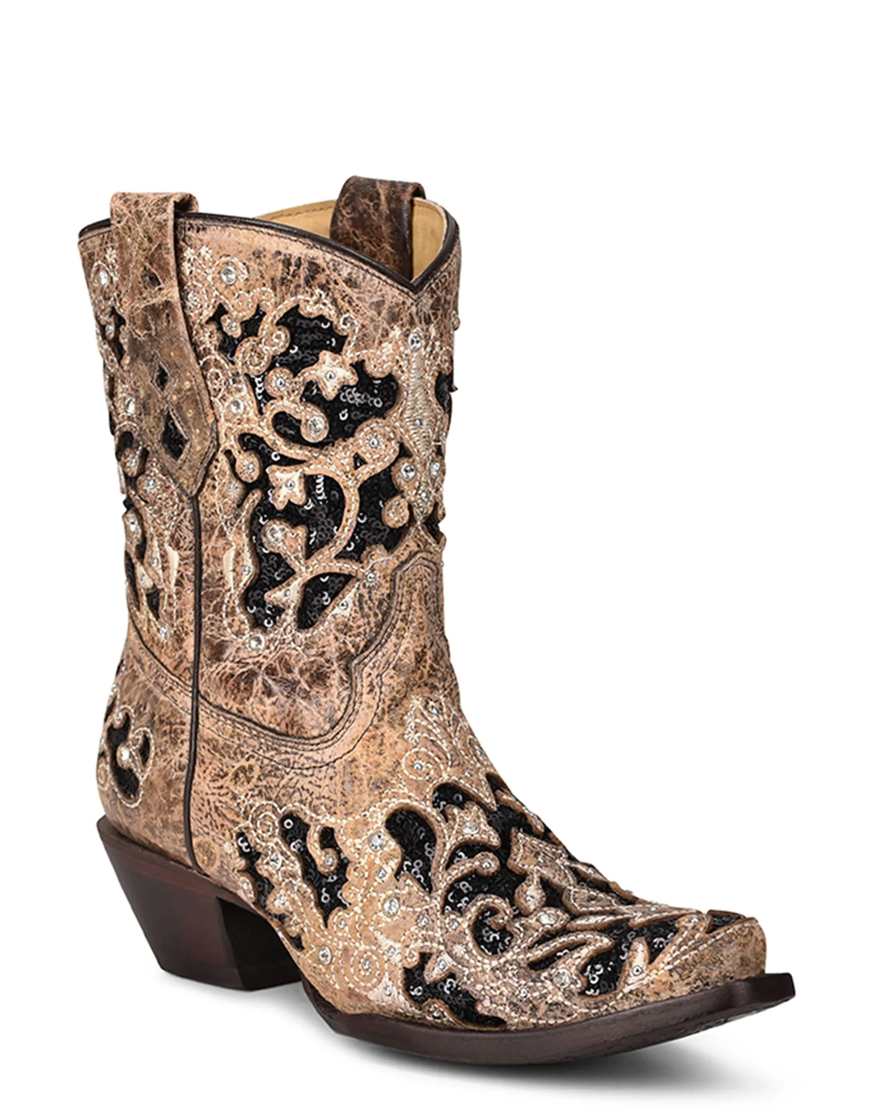 Brown Western Booties with Inlay for Women.