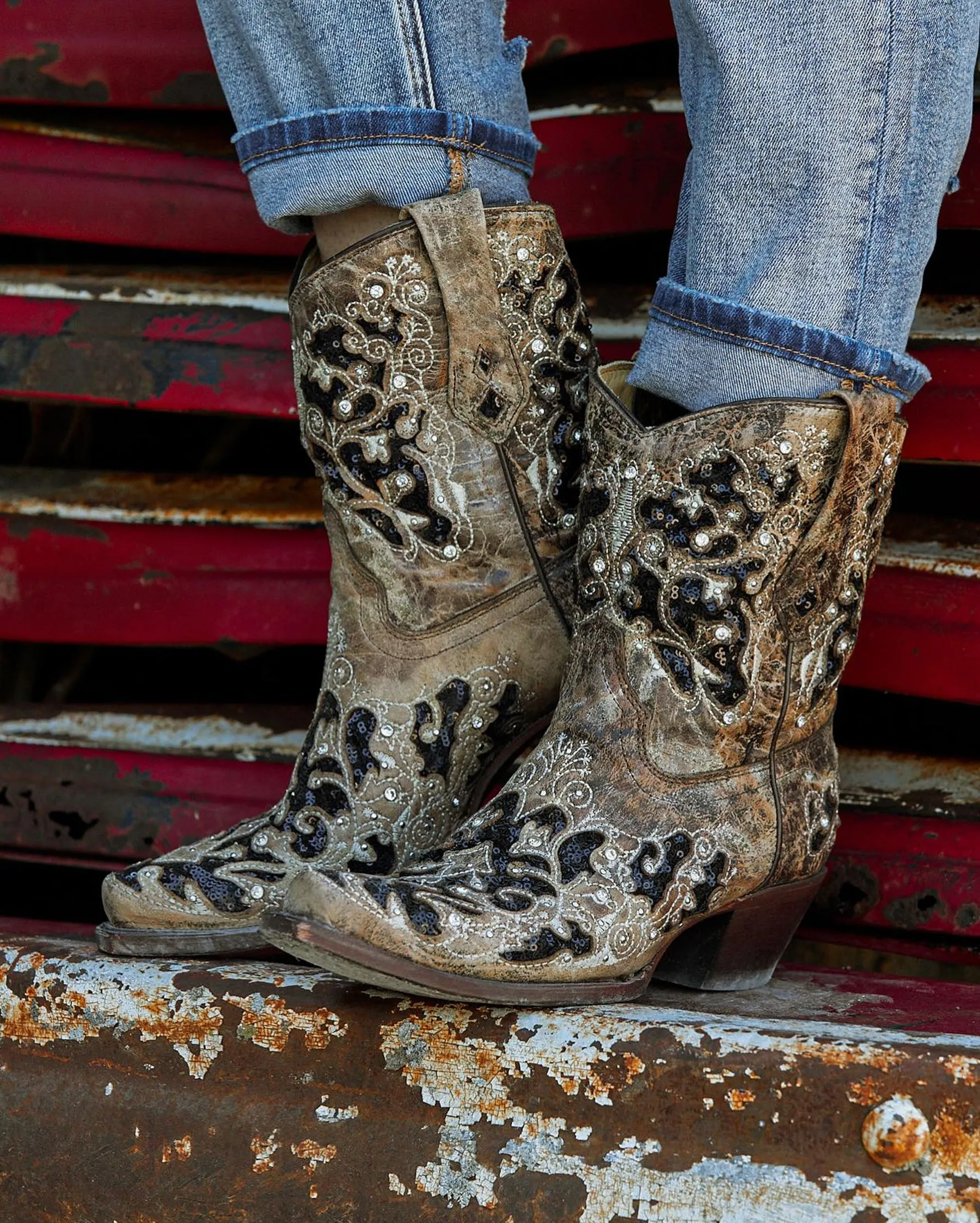 Brown Western Booties with Inlay for Women.