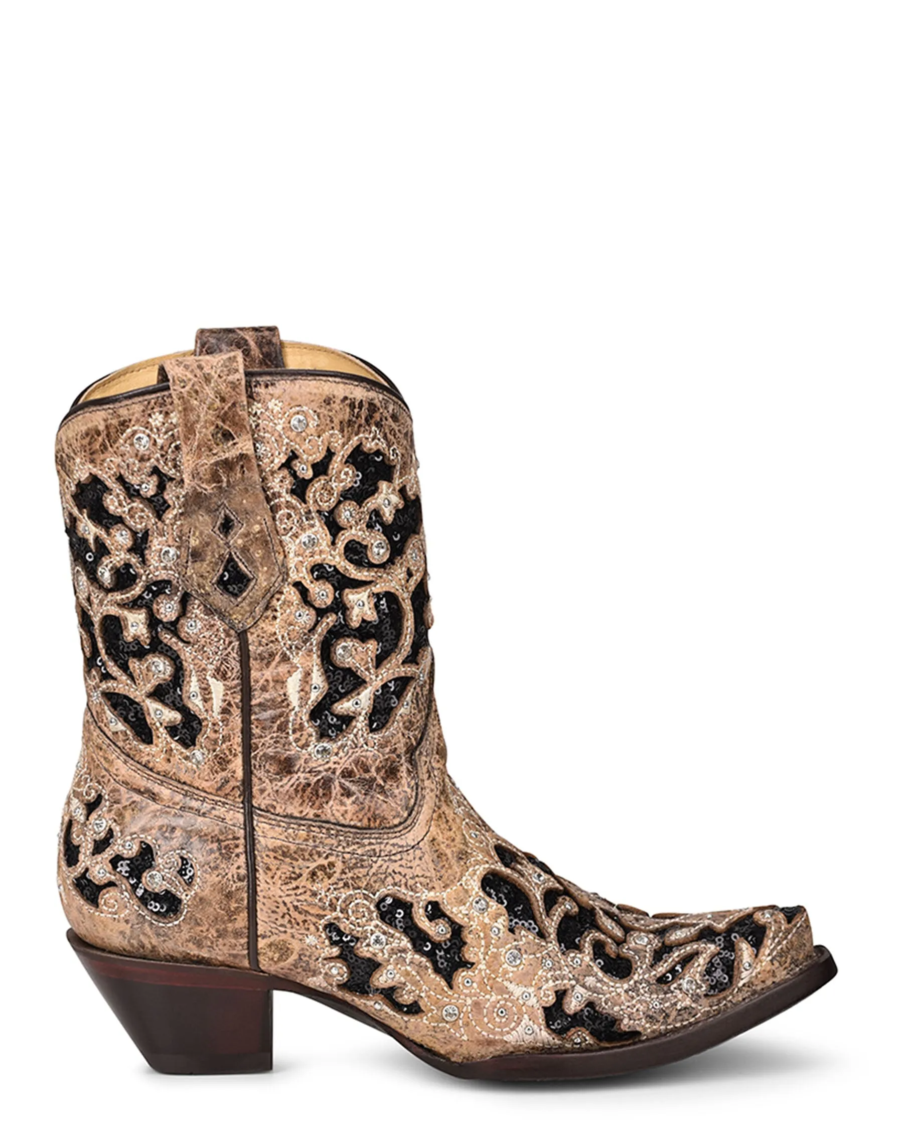 Brown Western Booties with Inlay for Women.