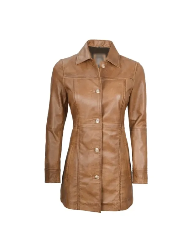 Womens Camel Brown Leather Coat