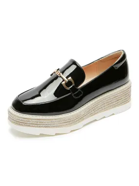 Womens Square Toe Platform Patent Leather Oxfords with Metal Details