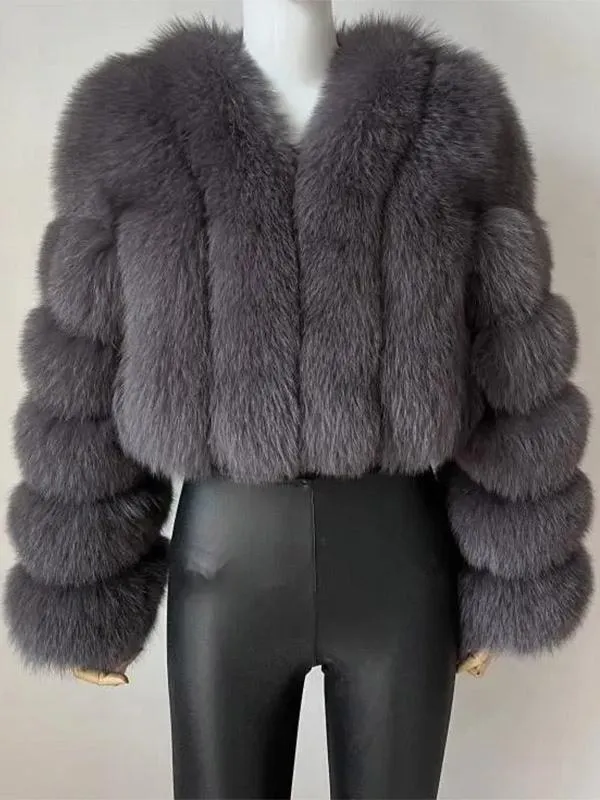 Women's V-Neck Faux Fur Coat with Long Sleeves | Winter Eco-Friendly Fur Coat