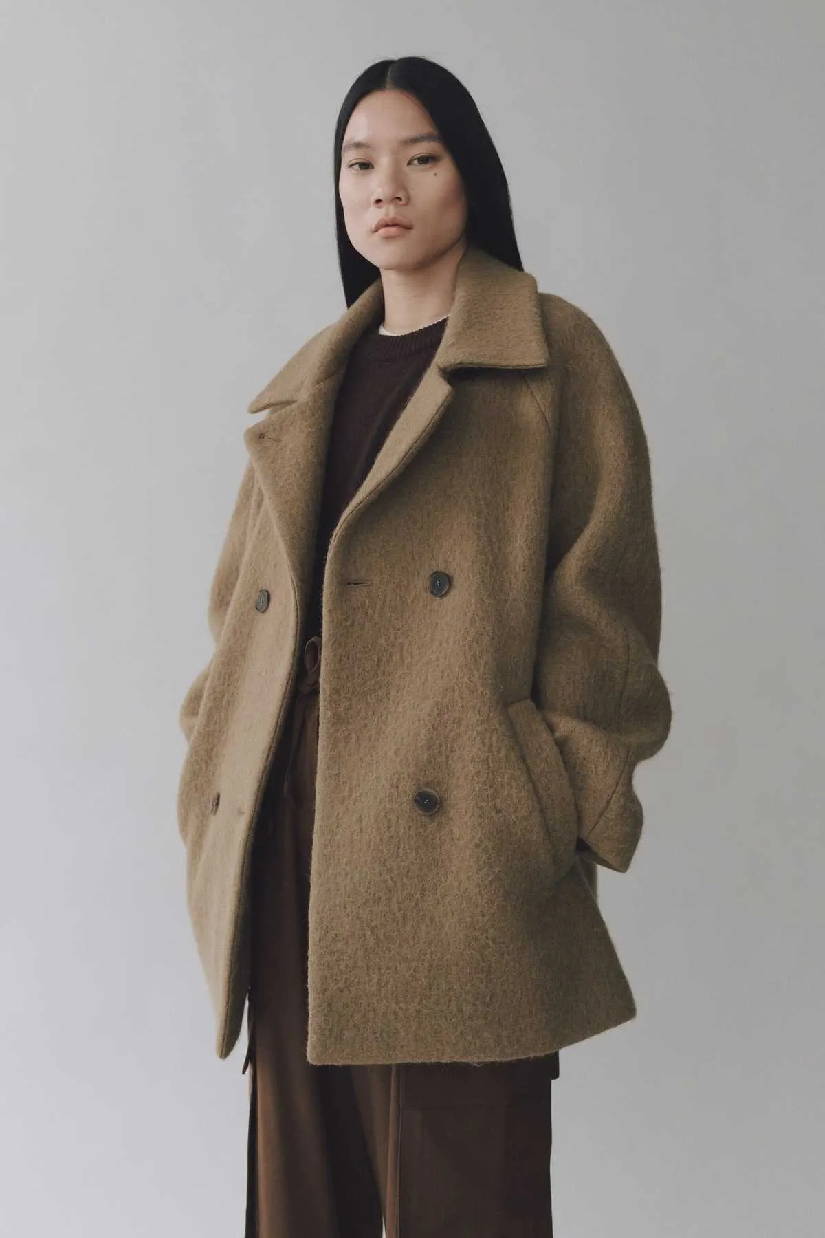 Wool & Alpaca Blend Boucle Coat in Camel