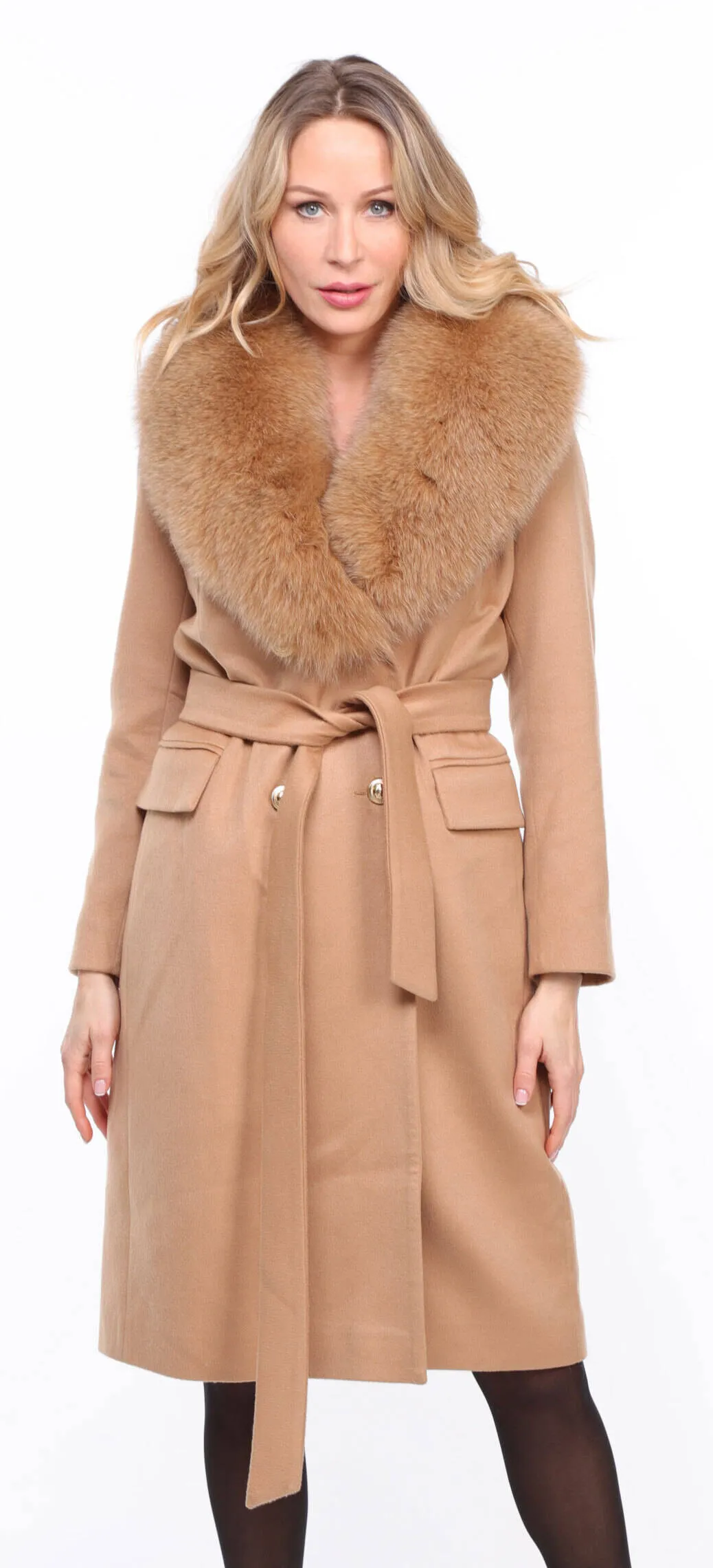 Wool Blend Gold Coat with Fox Fur for Women