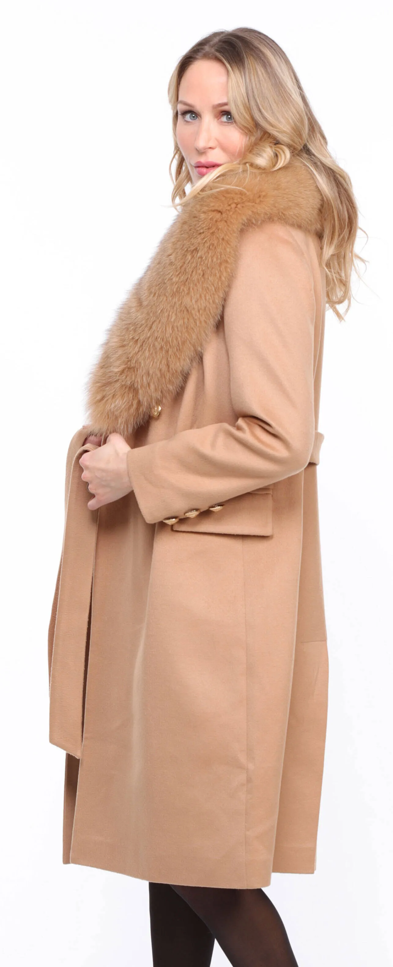 Wool Blend Gold Coat with Fox Fur for Women