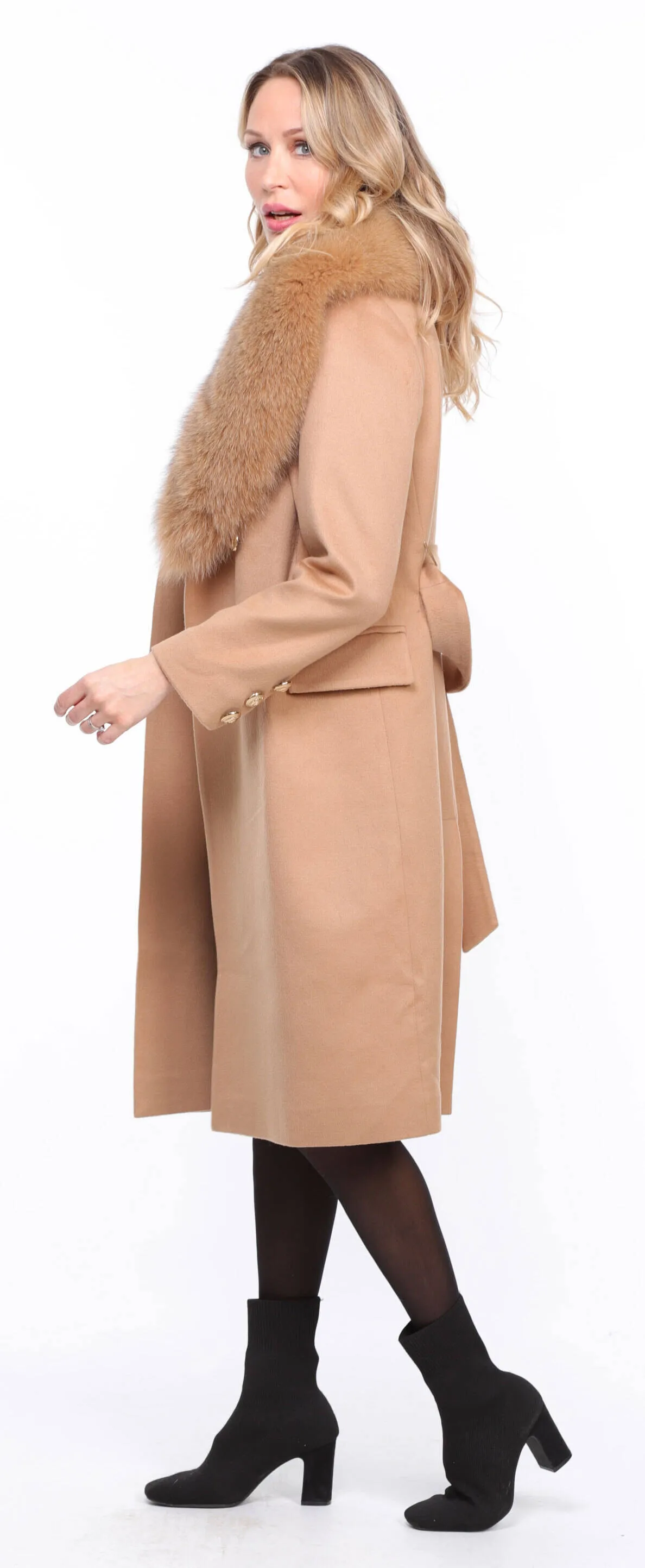 Wool Blend Gold Coat with Fox Fur for Women