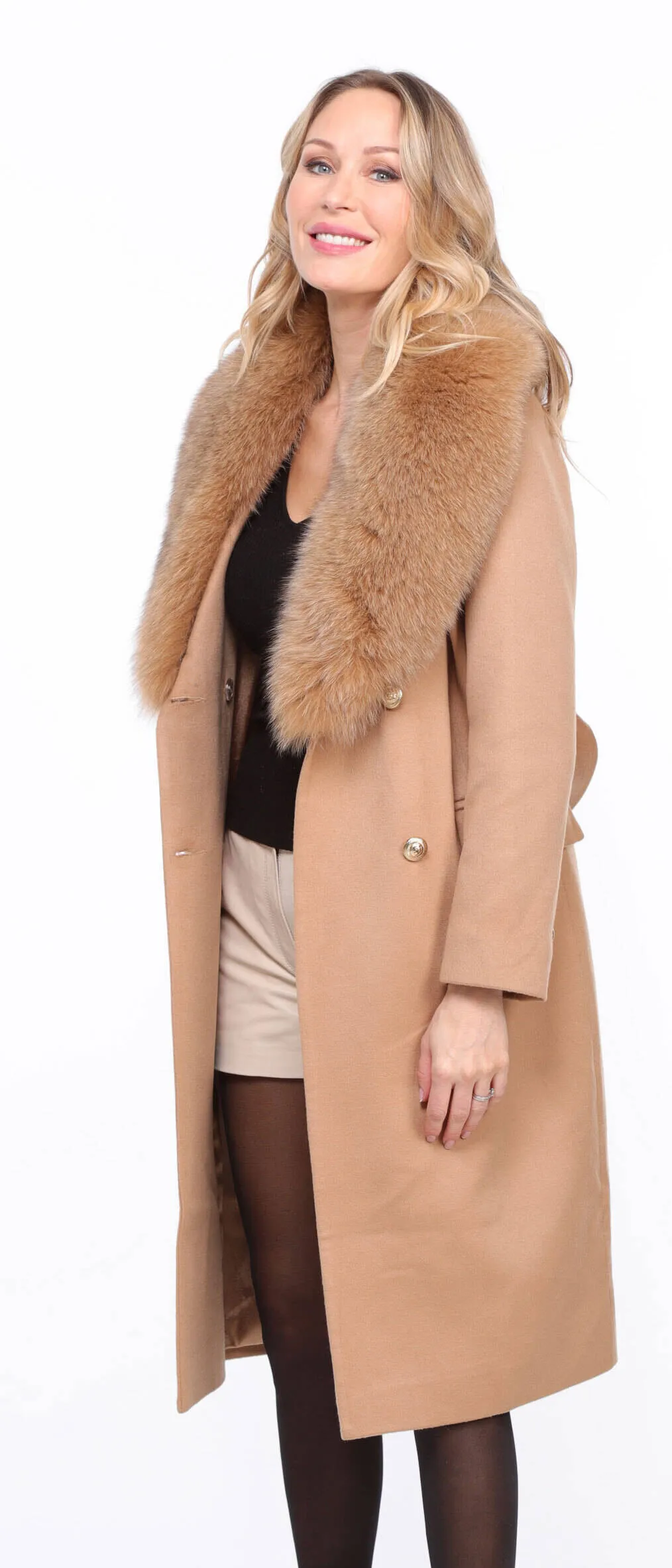 Wool Blend Gold Coat with Fox Fur for Women