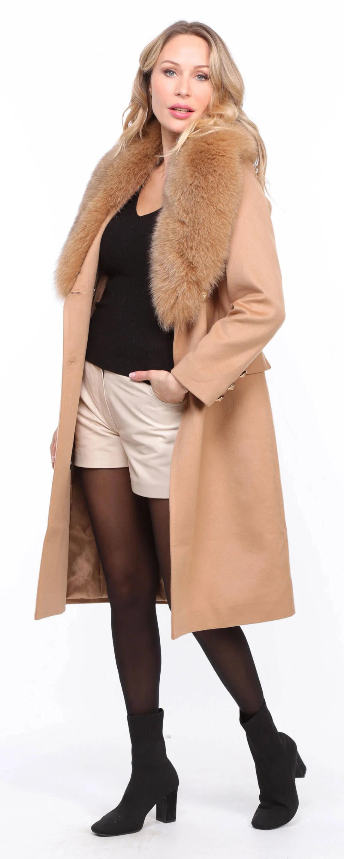 Wool Blend Gold Coat with Fox Fur for Women