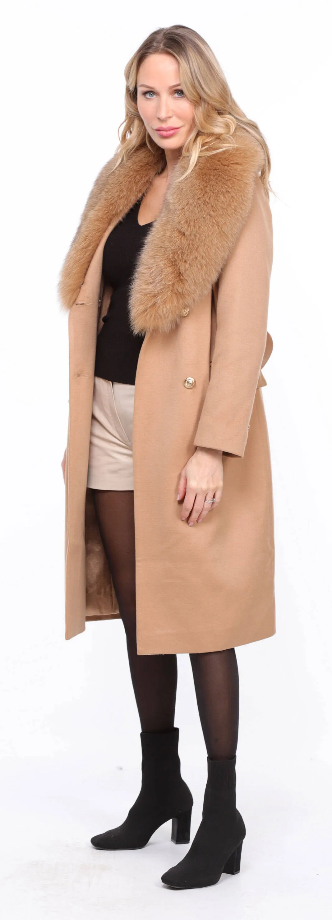 Wool Blend Gold Coat with Fox Fur for Women