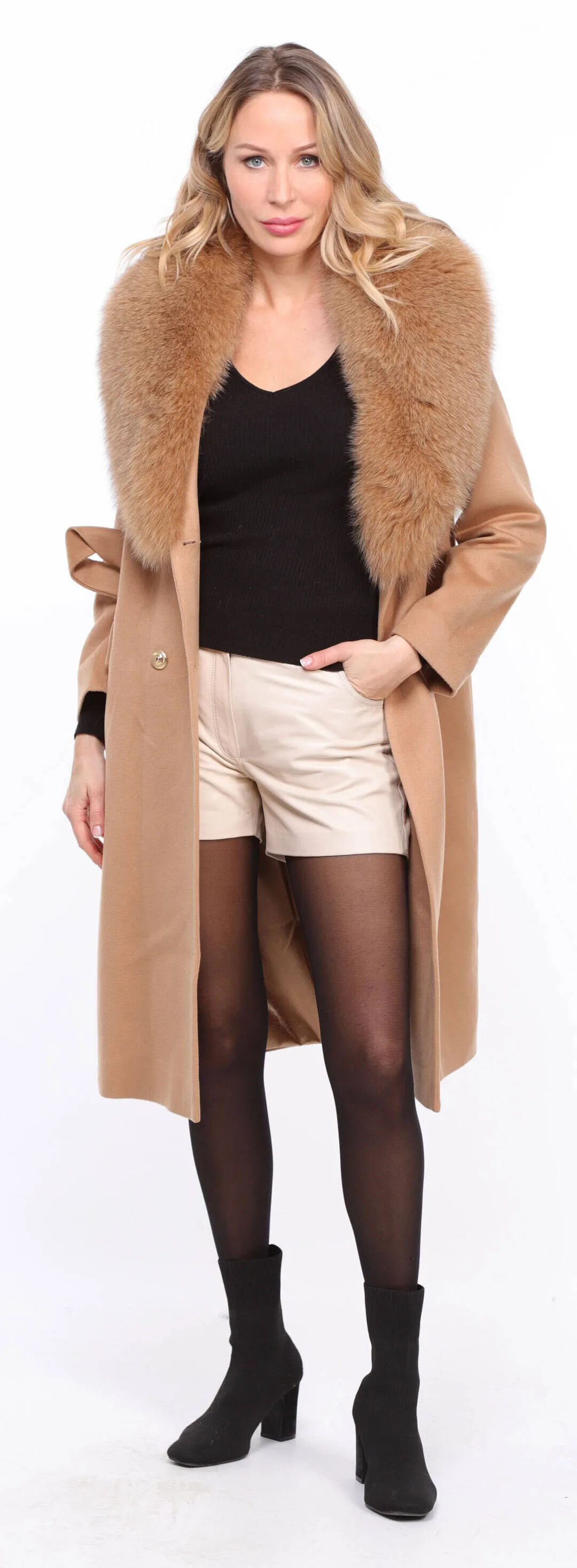 Wool Blend Gold Coat with Fox Fur for Women