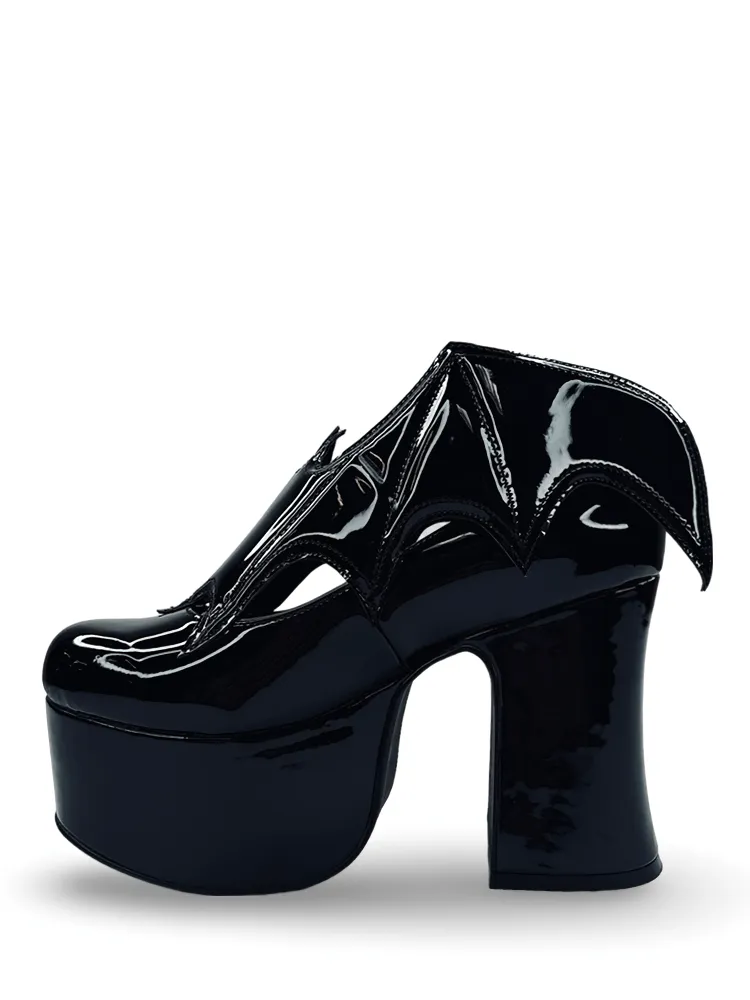 YRU Stylish Bat Wing Black Patent Platform Heels