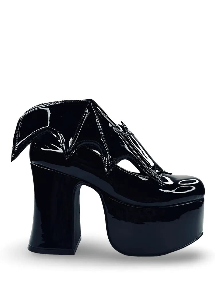 YRU Stylish Bat Wing Black Patent Platform Heels