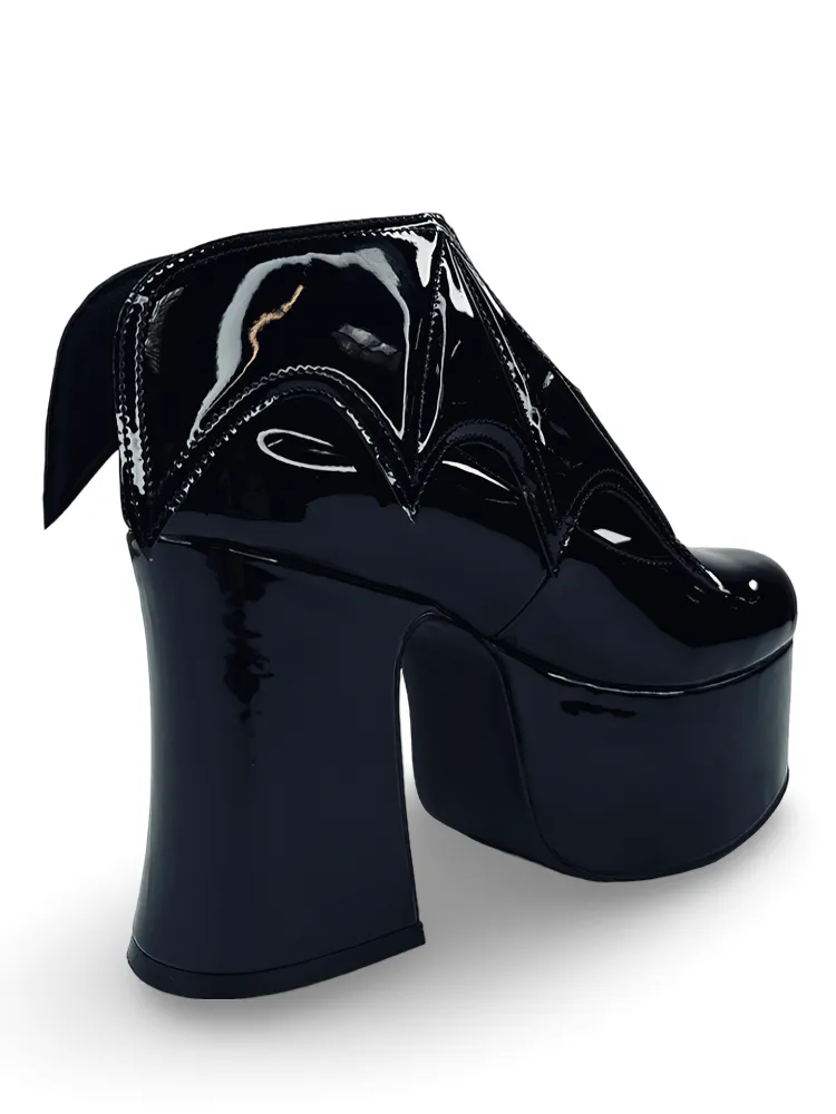 YRU Stylish Bat Wing Black Patent Platform Heels