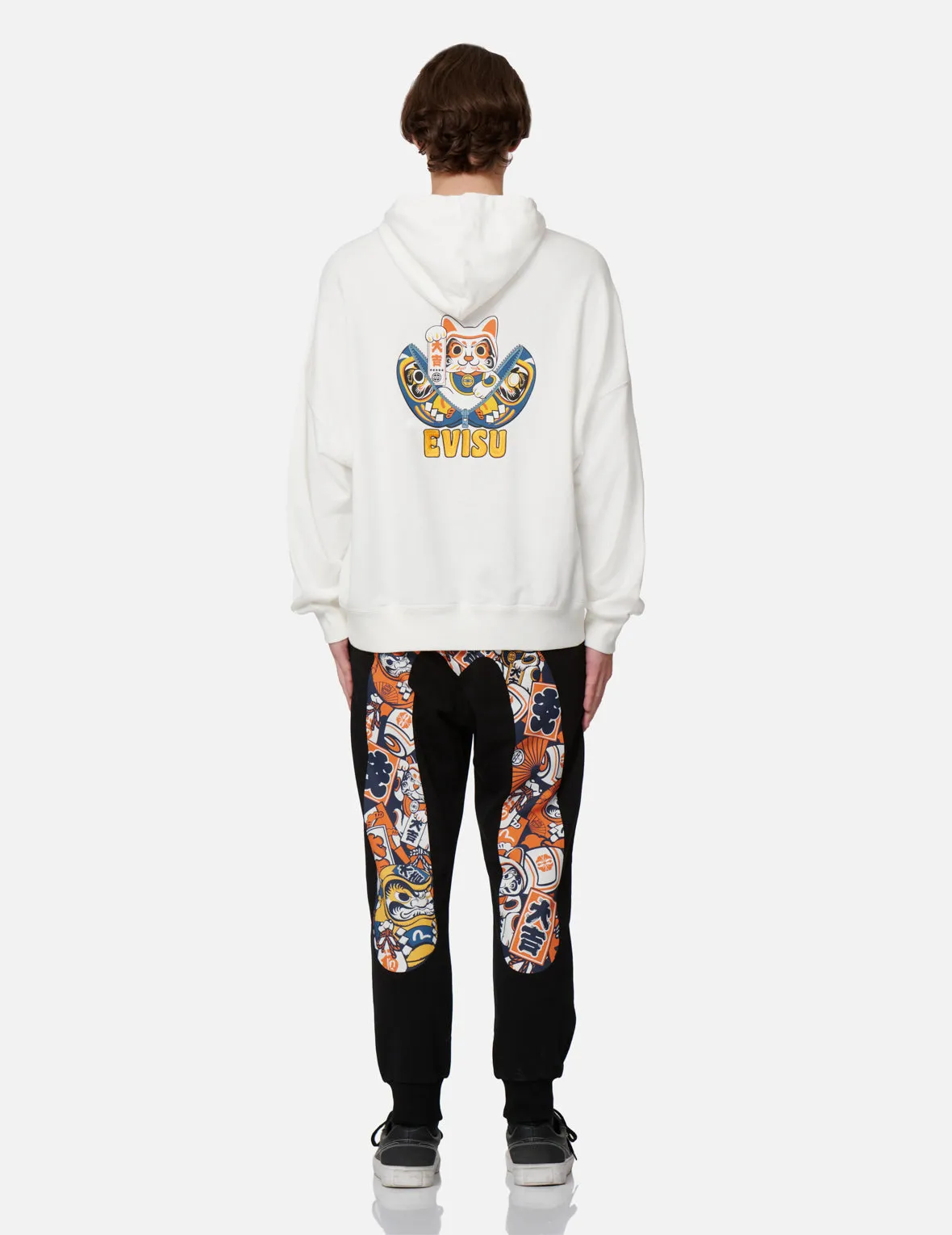 Zip-up Daruma and Fortune Cat Print Hooded Sweatshirt