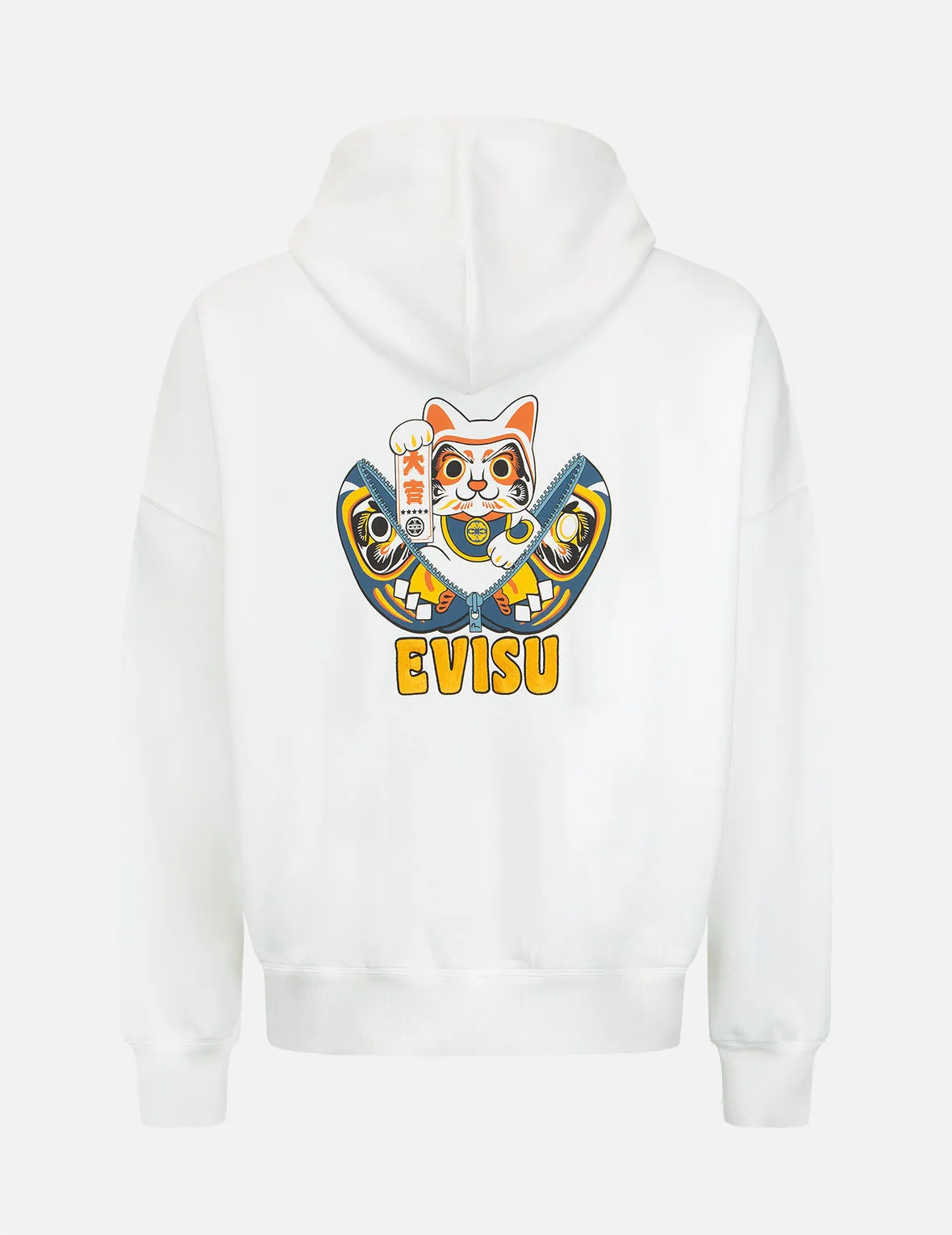 Zip-up Daruma and Fortune Cat Print Hooded Sweatshirt