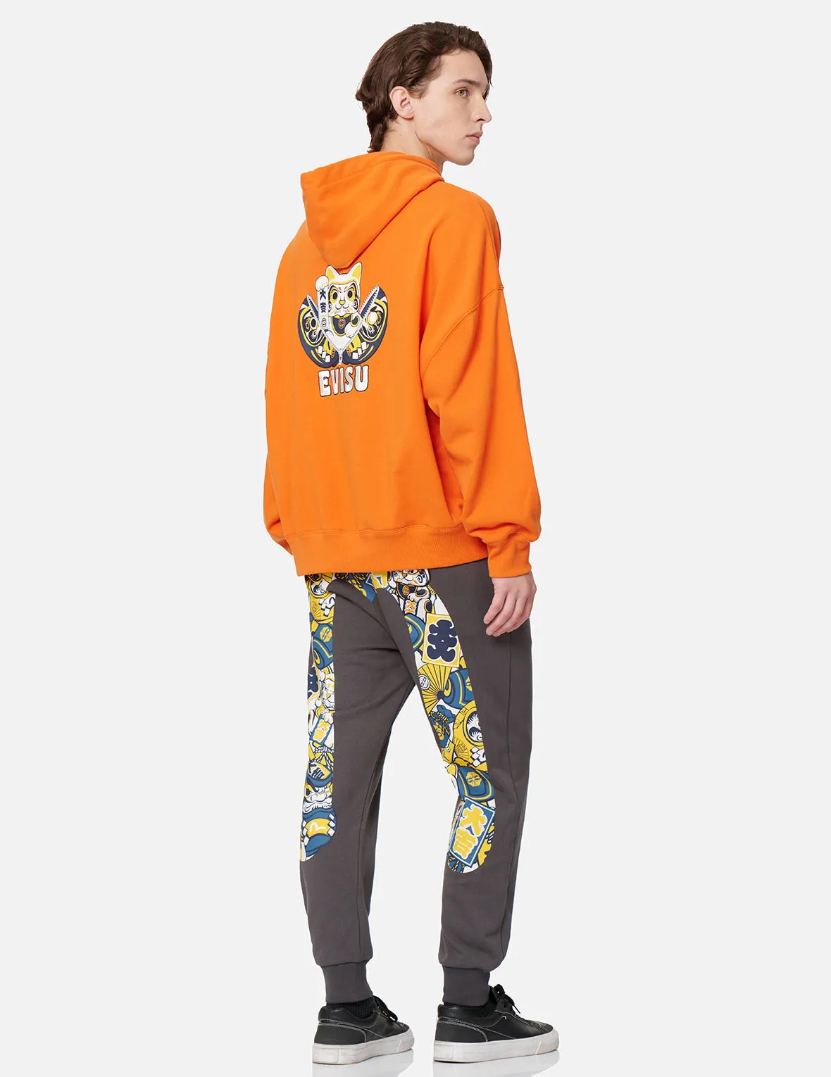 Zip-up Daruma and Fortune Cat Print Hooded Sweatshirt