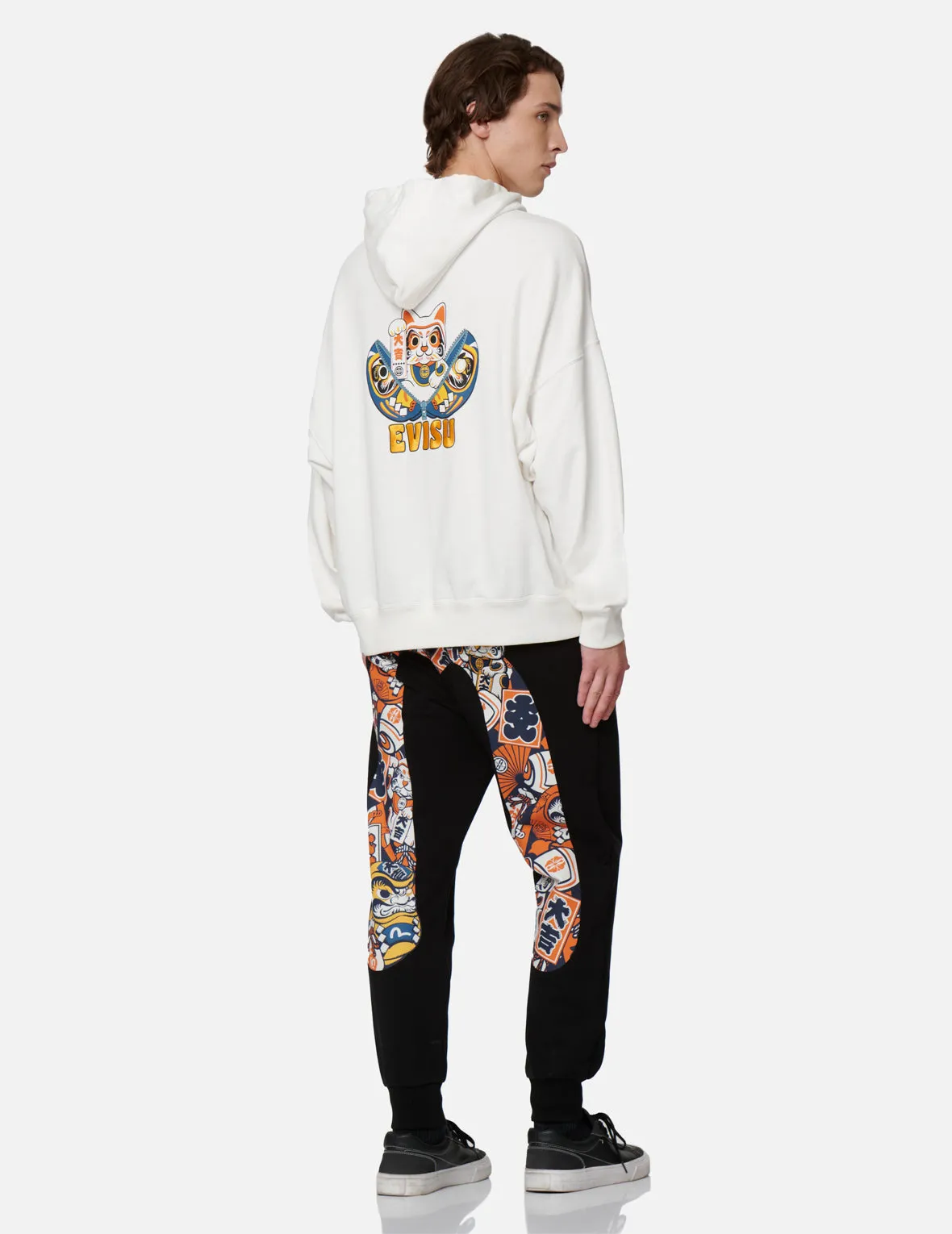 Zip-up Daruma and Fortune Cat Print Hooded Sweatshirt